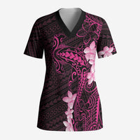 Pink Hawaii Scrub Top Hammerhead Shark Tattoo Curve Polynesian - Polynesian Pride
