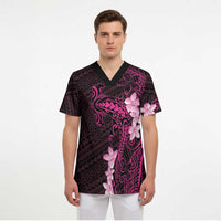 Pink Hawaii Scrub Top Hammerhead Shark Tattoo Curve Polynesian - Polynesian Pride