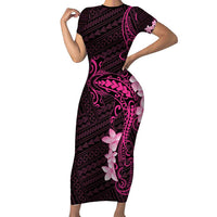 Pink Hawaii Short Sleeve Bodycon Dress Hammerhead Shark Tattoo Curve Polynesian - Polynesian Pride