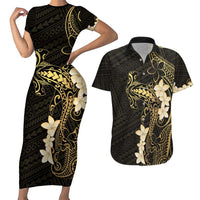 Black and Gold Hawaii Couples Matching Short Sleeve Bodycon Dress and Hawaiian Shirt Hammerhead Shark Tattoo Curve Polynesian LT14 Black - Polynesian Pride