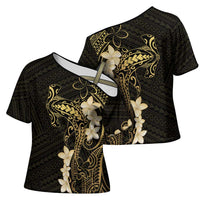 Black and Gold Hawaii Cross Shoulder Shirt Hammerhead Shark Tattoo Curve Polynesian - Polynesian Pride