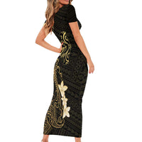 Black and Gold Hawaii Family Matching Short Sleeve Bodycon Dress and Hawaiian Shirt Hammerhead Shark Tattoo Curve Polynesian - Polynesian Pride
