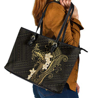 Black and Gold Hawaii Leather Tote Bag Hammerhead Shark Tattoo Curve Polynesian - Polynesian Pride