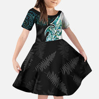 Proud Aotearoa Kid Short Sleeve Dress Maori Silver Fern Mix Paua Shell Pattern LT14 KID Black - Polynesian Pride