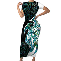 Proud Aotearoa Short Sleeve Bodycon Dress Maori Silver Fern Mix Paua Shell Pattern LT14 Long Dress Black - Polynesian Pride