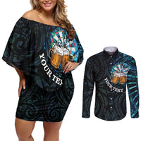 Personalized New Zealand Darts Beer Couples Matching Off Shoulder Short Dress and Long Sleeve Button Shirt Paua Shell Aotearoa Maori Tattoo LT14 Black - Polynesian Pride