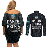 Personalized New Zealand Darts Beer Couples Matching Off Shoulder Short Dress and Long Sleeve Button Shirt Paua Shell Aotearoa Maori Tattoo LT14 - Polynesian Pride