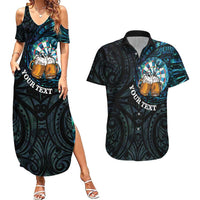 Personalized New Zealand Darts Beer Couples Matching Summer Maxi Dress and Hawaiian Shirt Paua Shell Aotearoa Maori Tattoo LT14 Black - Polynesian Pride