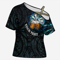 Personalized New Zealand Darts Beer Cross Shoulder Shirt Paua Shell Aotearoa Maori Tattoo LT14 Female Black - Polynesian Pride