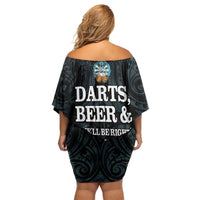 Personalized New Zealand Darts Beer Family Matching Off Shoulder Short Dress and Hawaiian Shirt Paua Shell Aotearoa Maori Tattoo LT14 - Polynesian Pride