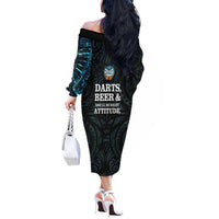 Personalized New Zealand Darts Beer Off The Shoulder Long Sleeve Dress Paua Shell Aotearoa Maori Tattoo - Polynesian Pride