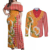 Prince Kuhio Aloha Hawaii Couples Matching Off Shoulder Maxi Dress and Long Sleeve Button Shirt Plumeria Ilima Lei Palaka Motifs LT14 Red - Polynesian Pride