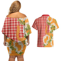 Prince Kuhio Aloha Hawaii Couples Matching Off Shoulder Short Dress and Hawaiian Shirt Plumeria Ilima Lei Palaka Motifs LT14 - Polynesian Pride
