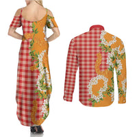 Prince Kuhio Aloha Hawaii Couples Matching Summer Maxi Dress and Long Sleeve Button Shirt Plumeria Ilima Lei Palaka Motifs LT14 - Polynesian Pride