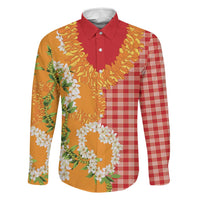 Prince Kuhio Aloha Hawaii Family Matching Mermaid Dress and Hawaiian Shirt Plumeria Ilima Lei Palaka Motifs LT14 Dad's Shirt - Long Sleeve Red - Polynesian Pride