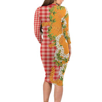 Prince Kuhio Aloha Hawaii Long Sleeve Bodycon Dress Plumeria Ilima Lei Palaka Motifs