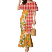 Prince Kuhio Aloha Hawaii Mermaid Dress Plumeria Ilima Lei Palaka Motifs