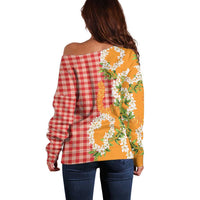 Prince Kuhio Aloha Hawaii Off Shoulder Sweater Plumeria Ilima Lei Palaka Motifs