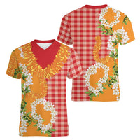 Prince Kuhio Aloha Hawaii Women V-Neck T-Shirt Plumeria Ilima Lei Palaka Motifs LT14 - Polynesian Pride