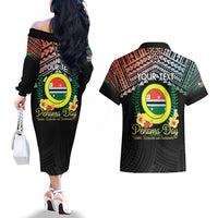 Personalised Penama Day Couples Matching Off The Shoulder Long Sleeve Dress and Hawaiian Shirt Vanuatu Provinces Polynesian Pattern