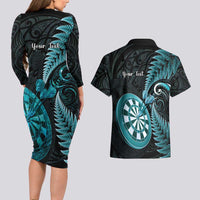 Personalised New Zealand Darts Couples Matching Long Sleeve Bodycon Dress and Hawaiian Shirt Happiness Is A Tight Threesome Maori Paua Shell LT14 - Polynesian Pride