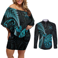 Personalised New Zealand Darts Couples Matching Off Shoulder Short Dress and Long Sleeve Button Shirt Happiness Is A Tight Threesome Maori Paua Shell LT14 Turquoise - Polynesian Pride