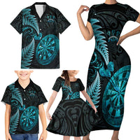 Personalised New Zealand Darts Family Matching Short Sleeve Bodycon Dress and Hawaiian Shirt Happiness Is A Tight Threesome Maori Paua Shell