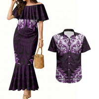 New Zealand Ta Moko Couples Matching Mermaid Dress and Hawaiian Shirt Aotearoa Maori Chest Tattoo Purple LT14 Purple - Polynesian Pride