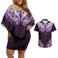 New Zealand Ta Moko Couples Matching Off Shoulder Short Dress and Hawaiian Shirt Aotearoa Maori Chest Tattoo Purple LT14 Purple - Polynesian Pride