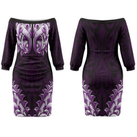 New Zealand Ta Moko Couples Matching Off The Shoulder Long Sleeve Dress and Hawaiian Shirt Aotearoa Maori Chest Tattoo Purple LT14 - Polynesian Pride