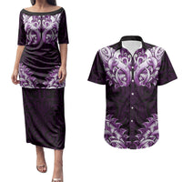 New Zealand Ta Moko Couples Matching Puletasi and Hawaiian Shirt Aotearoa Maori Chest Tattoo Purple LT14 Purple - Polynesian Pride