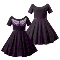 New Zealand Ta Moko Family Matching Short Sleeve Bodycon Dress and Hawaiian Shirt Aotearoa Maori Chest Tattoo Purple LT14 Daughter's Dress Purple - Polynesian Pride