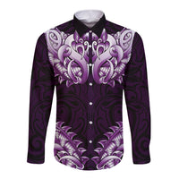 New Zealand Ta Moko Long Sleeve Button Shirt Aotearoa Maori Chest Tattoo Purple LT14 Unisex Purple - Polynesian Pride