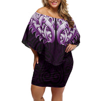 New Zealand Ta Moko Off Shoulder Short Dress Aotearoa Maori Chest Tattoo Purple LT14 Women Purple - Polynesian Pride