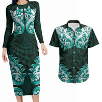 New Zealand Ta Moko Couples Matching Long Sleeve Bodycon Dress and Hawaiian Shirt Aotearoa Maori Chest Tattoo Turquoise LT14 Turquoise - Polynesian Pride
