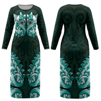 New Zealand Ta Moko Couples Matching Long Sleeve Bodycon Dress and Hawaiian Shirt Aotearoa Maori Chest Tattoo Turquoise LT14 - Polynesian Pride