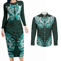 New Zealand Ta Moko Couples Matching Long Sleeve Bodycon Dress and Long Sleeve Button Shirt Aotearoa Maori Chest Tattoo Turquoise LT14 Turquoise - Polynesian Pride