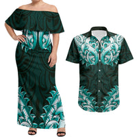 New Zealand Ta Moko Couples Matching Off Shoulder Maxi Dress and Hawaiian Shirt Aotearoa Maori Chest Tattoo Turquoise LT14 Turquoise - Polynesian Pride