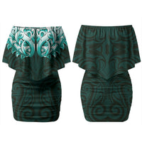 New Zealand Ta Moko Couples Matching Off Shoulder Short Dress and Long Sleeve Button Shirt Aotearoa Maori Chest Tattoo Turquoise LT14 - Polynesian Pride