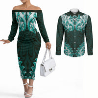 New Zealand Ta Moko Couples Matching Off The Shoulder Long Sleeve Dress and Long Sleeve Button Shirt Aotearoa Maori Chest Tattoo Turquoise LT14 Turquoise - Polynesian Pride