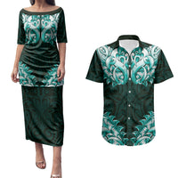 New Zealand Ta Moko Couples Matching Puletasi and Hawaiian Shirt Aotearoa Maori Chest Tattoo Turquoise LT14 Turquoise - Polynesian Pride