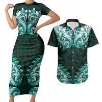 New Zealand Ta Moko Couples Matching Short Sleeve Bodycon Dress and Hawaiian Shirt Aotearoa Maori Chest Tattoo Turquoise LT14 Turquoise - Polynesian Pride