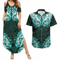 New Zealand Ta Moko Couples Matching Summer Maxi Dress and Hawaiian Shirt Aotearoa Maori Chest Tattoo Turquoise LT14 Turquoise - Polynesian Pride