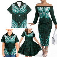 New Zealand Ta Moko Family Matching Off The Shoulder Long Sleeve Dress and Hawaiian Shirt Aotearoa Maori Chest Tattoo Turquoise LT14 - Polynesian Pride