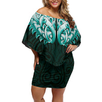 New Zealand Ta Moko Off Shoulder Short Dress Aotearoa Maori Chest Tattoo Turquoise LT14 Women Turquoise - Polynesian Pride