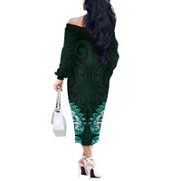 New Zealand Ta Moko Off The Shoulder Long Sleeve Dress Aotearoa Maori Chest Tattoo Turquoise LT14 - Polynesian Pride