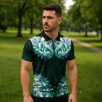 New Zealand Ta Moko Zipper Polo Shirt Aotearoa Maori Chest Tattoo Turquoise LT14 - Polynesian Pride