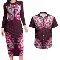 New Zealand Ta Moko Couples Matching Long Sleeve Bodycon Dress and Hawaiian Shirt Aotearoa Maori Chest Tattoo Pink LT14 Pink - Polynesian Pride