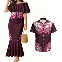 New Zealand Ta Moko Couples Matching Mermaid Dress and Hawaiian Shirt Aotearoa Maori Chest Tattoo Pink LT14 Pink - Polynesian Pride