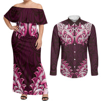 New Zealand Ta Moko Couples Matching Off Shoulder Maxi Dress and Long Sleeve Button Shirt Aotearoa Maori Chest Tattoo Pink LT14 Pink - Polynesian Pride